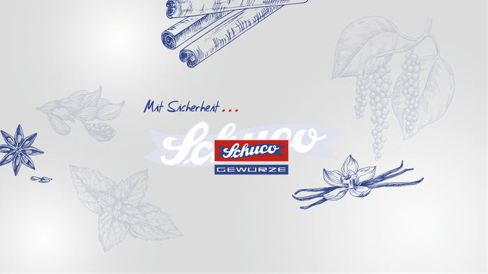 Grafik mit Tuschezeichnungen von Gewürzen und Schuco Logo