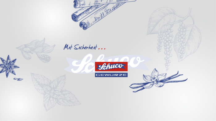 [Translate to English:] Grafik mit Tuschezeichnungen von Gewürzen und Schuco Logo